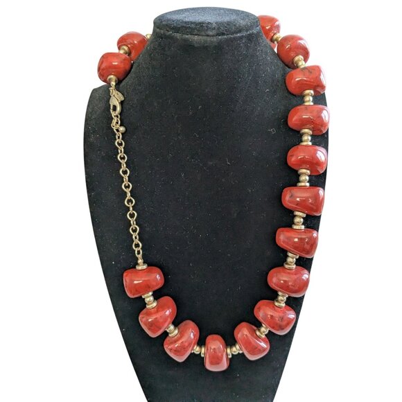 Red Beaded Necklace & Earrings Set With Gold Details By Chicos - Adjustable Chai - Picture 9 of 12